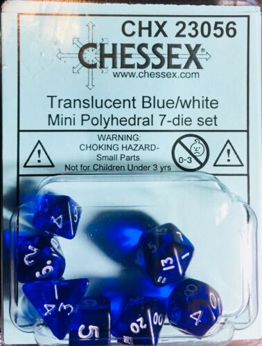 Polyhedral 7-Die Translucent Chessex Dice Set - Blue with White Numbers