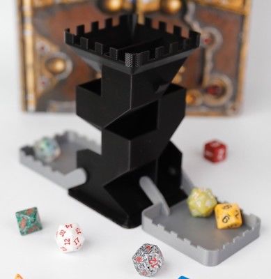 Black 3D Printed Dice Tower With Silver Folding Trays