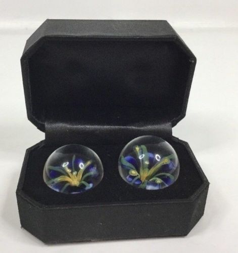 Set of 2 Clear Handmade Art Glass Marbles Blue Yellow Flowers 7/8