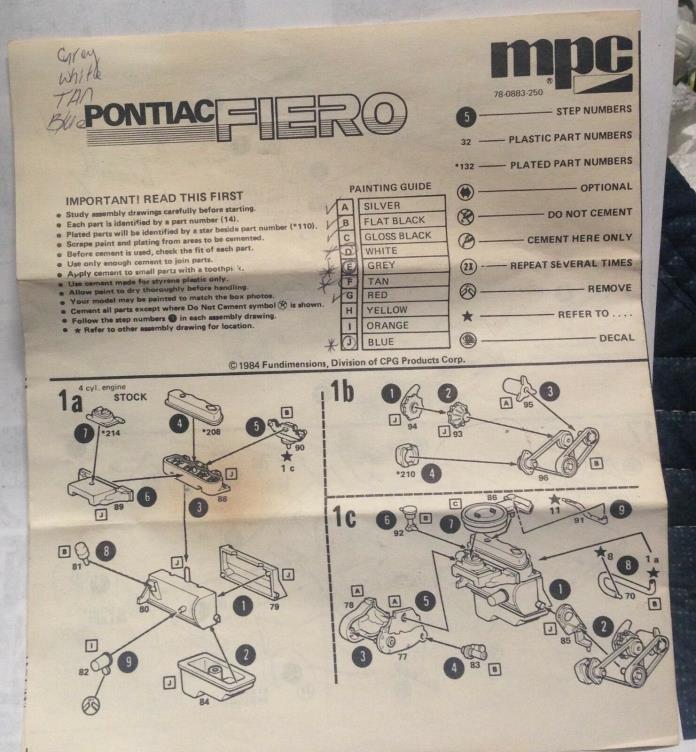 1983 Pontiac Fiero Instruction Sheet MPC 1/25 Scale Plastic Model Kit Part