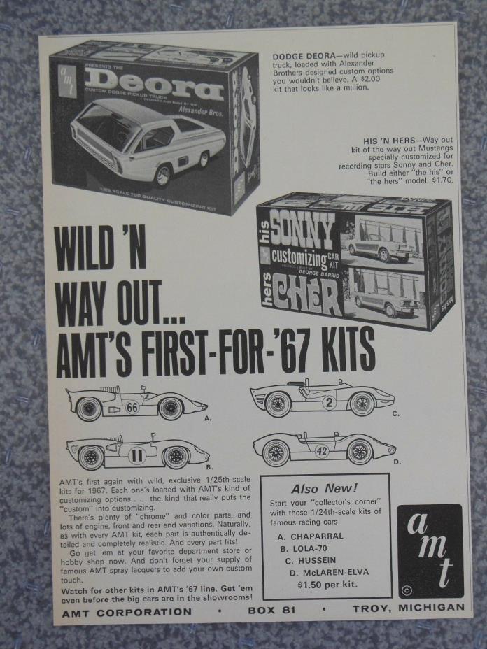 VINTAGE 1966 AMT DODGE DEORA SONNY AND CHER FORD MUSTANG MODEL ADVERTISEMENT