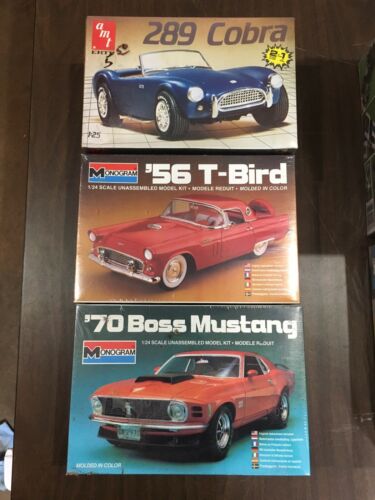 Lot Of 3 Ford Model Kits Monogram 70 Boss Mustang, 56 T-Bird, AMT 289 Cobra 1/25