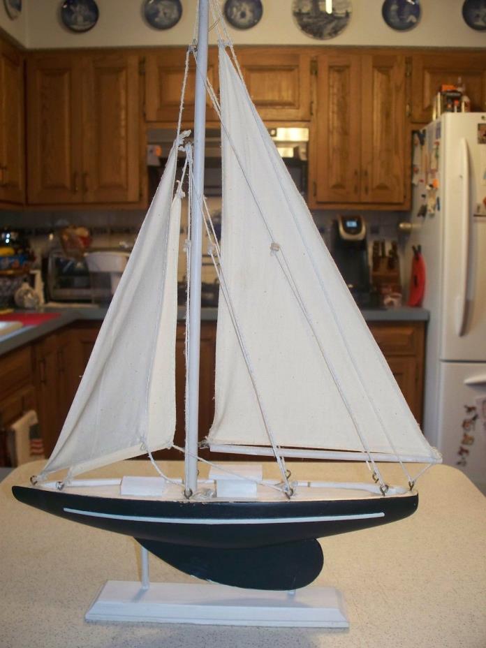 Wooden Model Sailing Boat - Mast 18'' High, Hull 14'' Long~ Navy and White