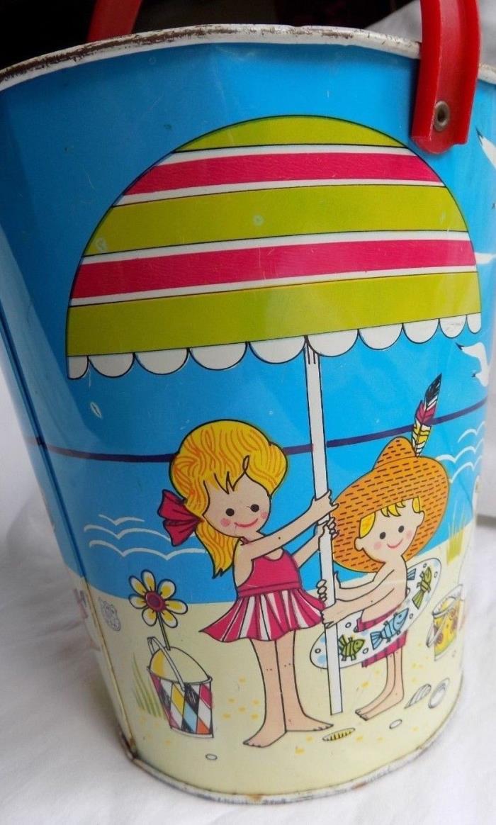 Vintage Chein Tin Litho Beach Sand Pail Umbrella