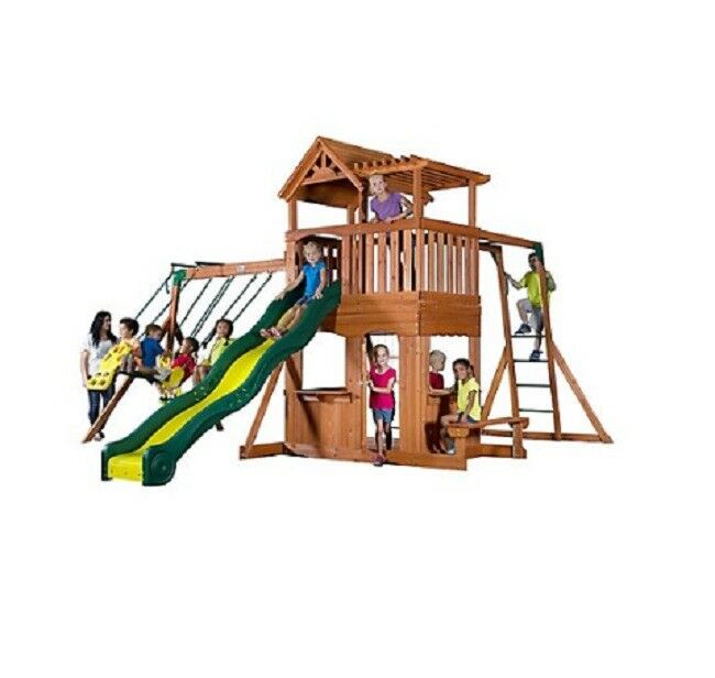 Backyard Discovery Thunder Ridge Wooden Swing Set  Play Playground Outdoor Slide