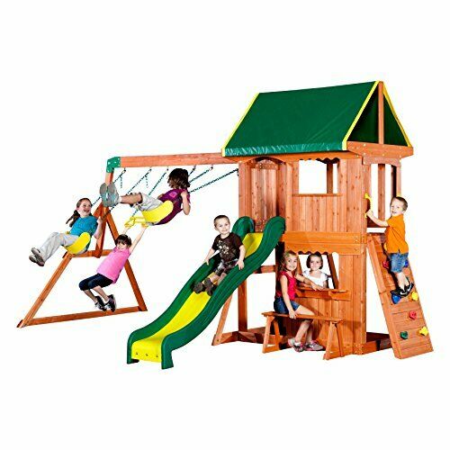 Kids Wooden Cedar Swing Set Game Yard Super Speedy Slide Outdoor Play Rock Wall