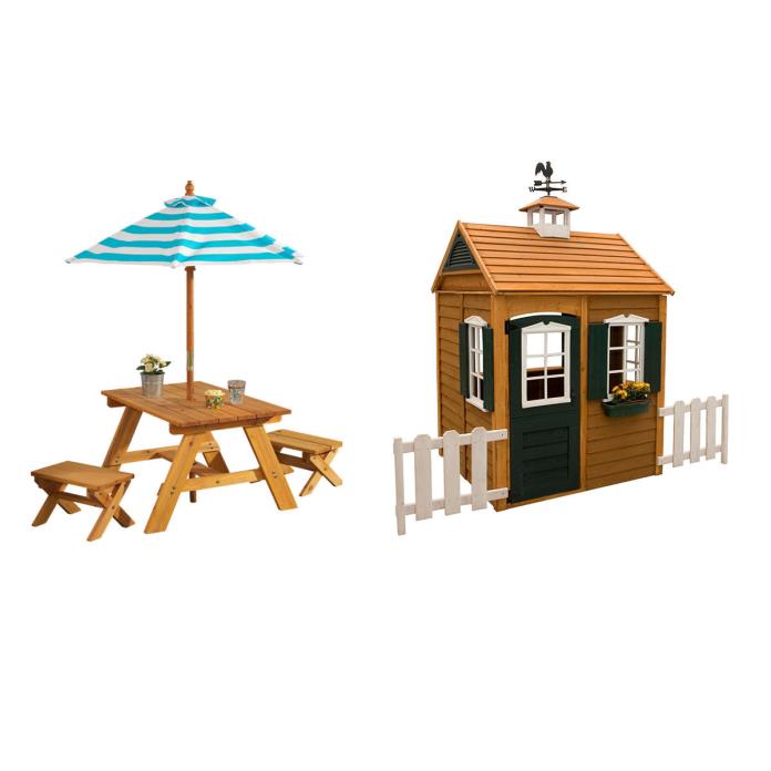 Bayberry Playhouse and Outdoor Table & Bench Set with Umbrella by KidKraft