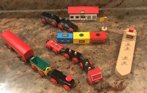 Vintage Brio Wooden Train Set Trains Polis Flag And Parts Vintage Toy Lot