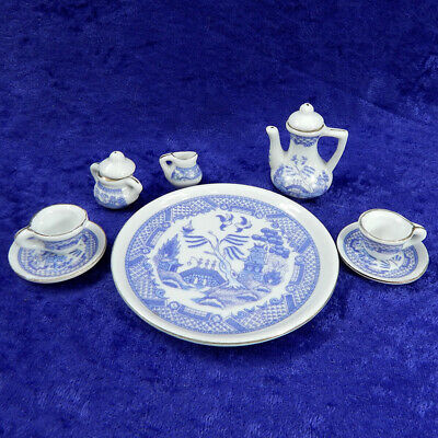 Mini Blue Tea Set China 10 Pieces Scenic Woven Edge Design