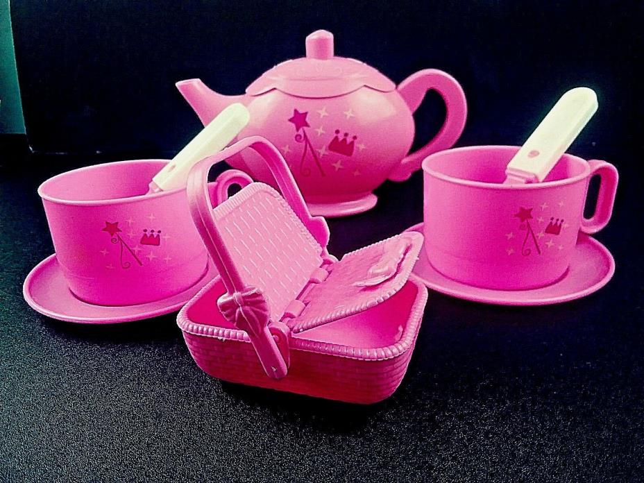Plastic Pink Stars Teacup Set 9 Pc Teapot Lid  Cups Saucers Spoons Picnic Basket