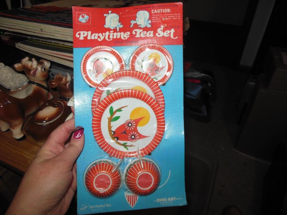 NOS Ohio Art Playtime Owl 6 Piece Tea Set Metal Lithographed No. 402