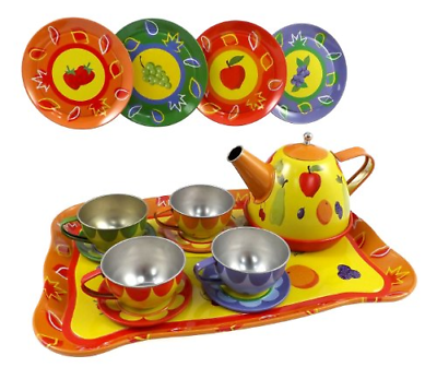 Colorful Fruit Tin Tea Party Set For Kids Metal Teapot & Cups Ki Multicolored