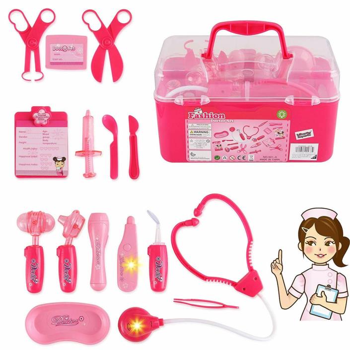Kids Pink Doctor Playset Pretend Play Medical Tool Box Kit Girls Educational Toy