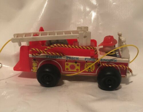 1968 Vintage Fisher Price Little People Fire Engine Wooden #720 USA Red Ladder