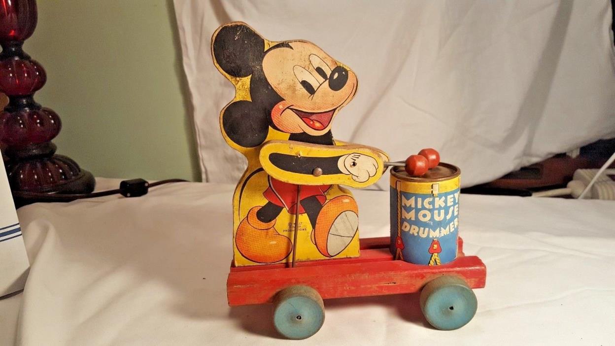 Vintage 1940's Fisher Price Mickey Mouse Drummer wood pull toy  