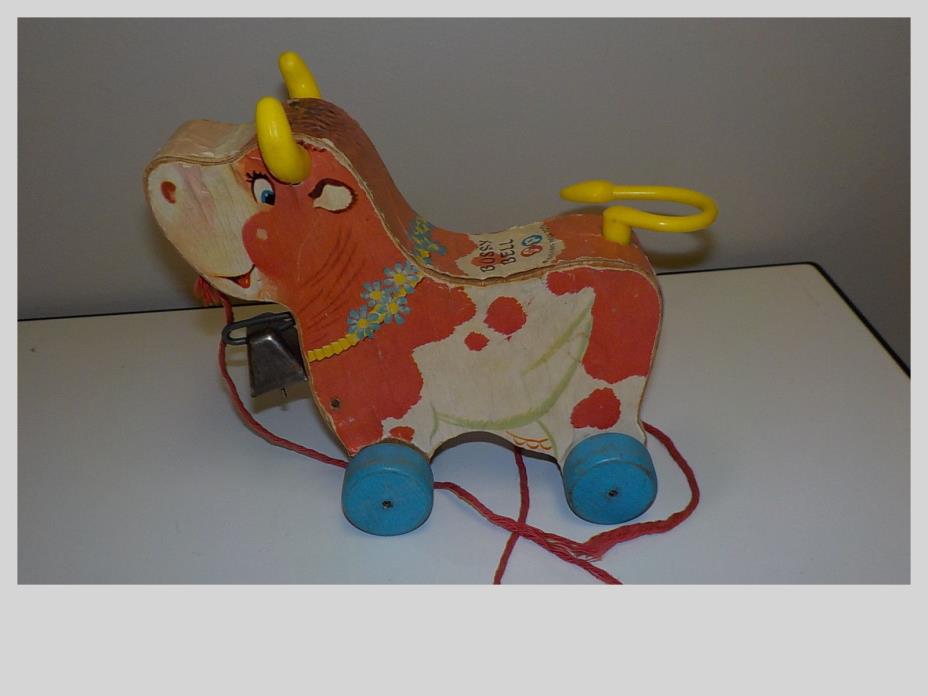 1961-64 Fisher Price #656 Bossy Bell Cow Wooden Pull Toy Bell Jingles Tail Spins