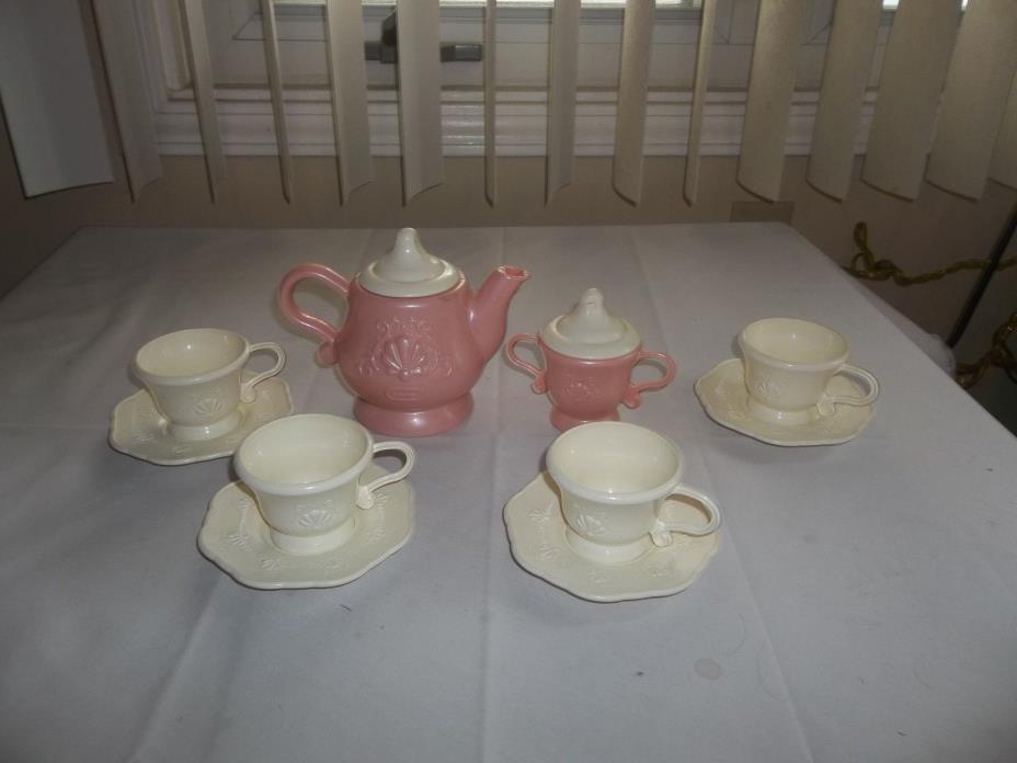 Vintage Little Tikes Play Tea Set, Cups, Saucers, Teapot, Sugar Bowl Child Size