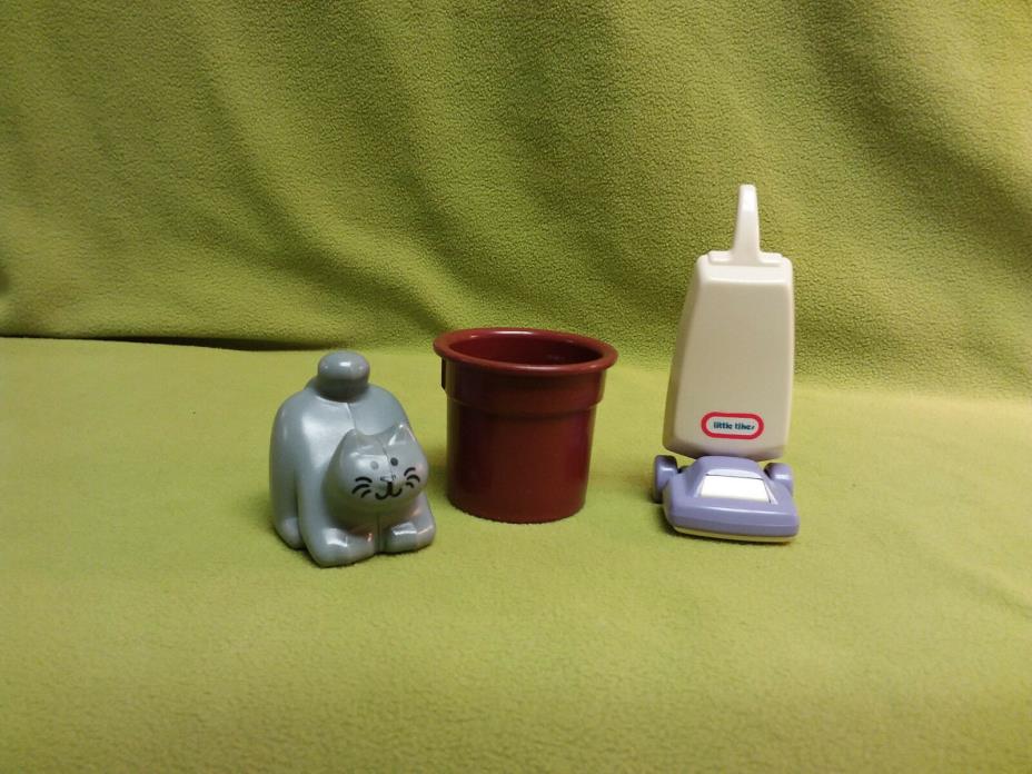 Little Tikes Place Dollhouse vacuum,  Rubbermaid  trash can and gray cat