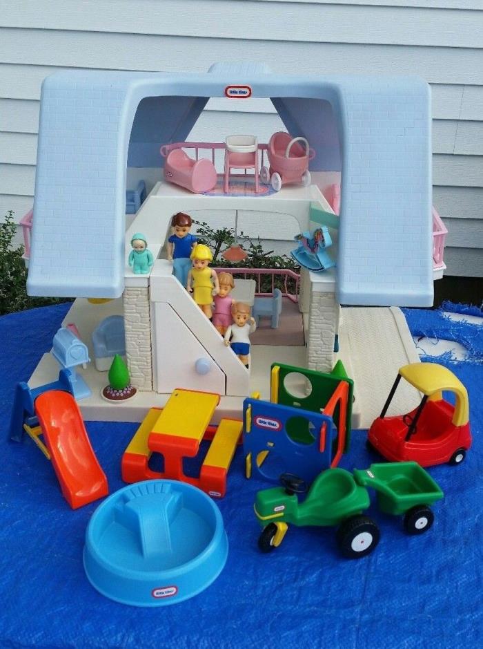 Vintage Little Tikes Dollhouse Blue Roof Accessories Toys People Furniture