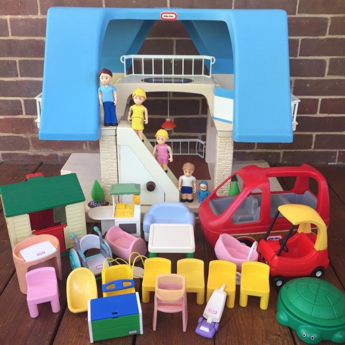 Vintage Little Tikes Place Dollhouse Blue Roof Accessories Toys People Furniture