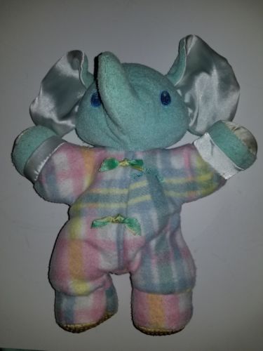 Vintage stuffed plush toy Pastel Elephant Plaid,ip 1996 Playskool Snuzzles Blue