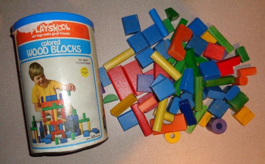 Lot of 68 Blocks Vintage Playskool Milton Bradley Colored Wooden Blocks