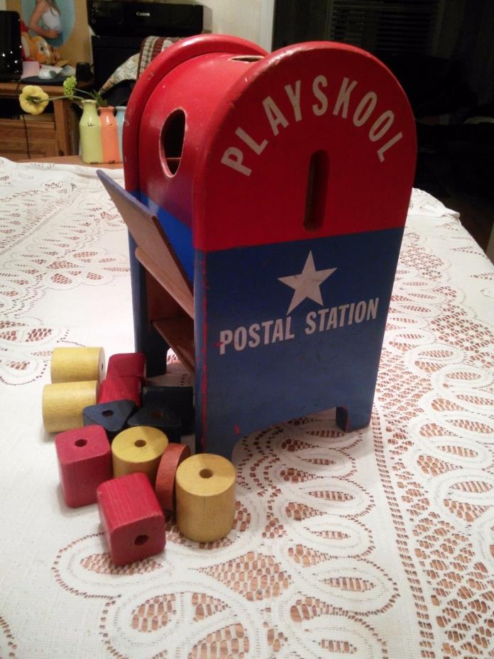 Vintage Playskool POSTAL STATION Wooden Mailbox 1960s? w 12 blocks