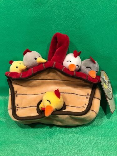 Red Shed Toys Hug Fun Farm Chickens 5 Finger Puppets Coop Carrying Bag Tote