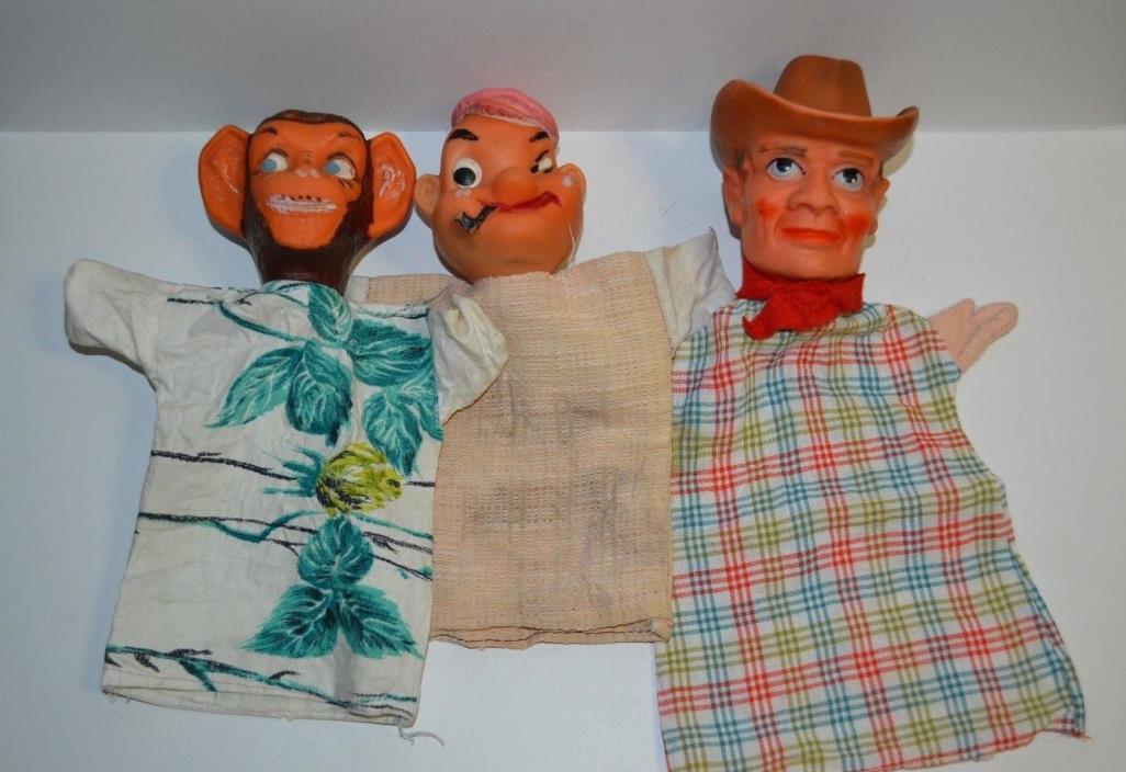 Vtg Vinyl Head Hand Puppets The Lone Ranger, Popeye, Monkey/Chimpanzee