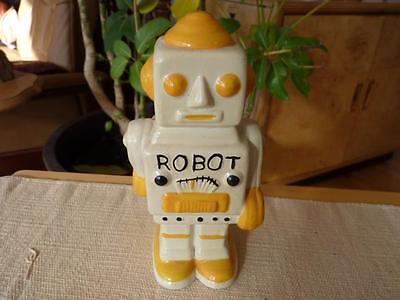 Retro Robot Yellow White Ceramic Savings Piggy Bank TM & Rocket USA Inc. Taiwan