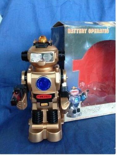 Vintage Original FORCEBOT GOLD PLASTIC COLORED Robot Toy in Box 1980s Batteries