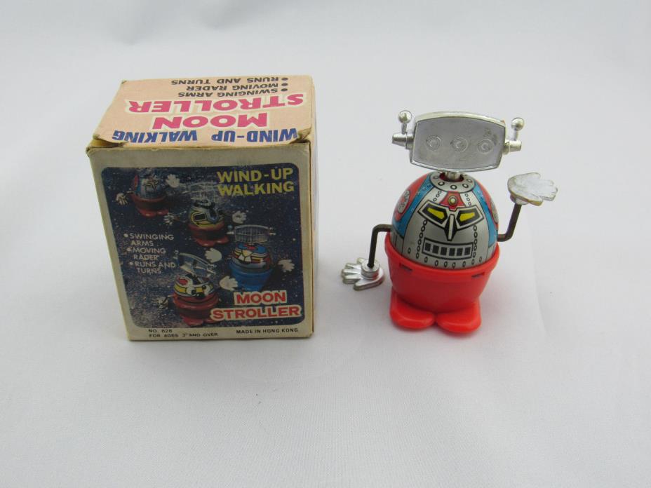 Moon Stroller Wind Up Walking Robot in box tin/plastic Hong Kong 1970's