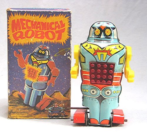 Vintage Greek Tin Wind Up Mechanical Robot  --  Mint in the Box