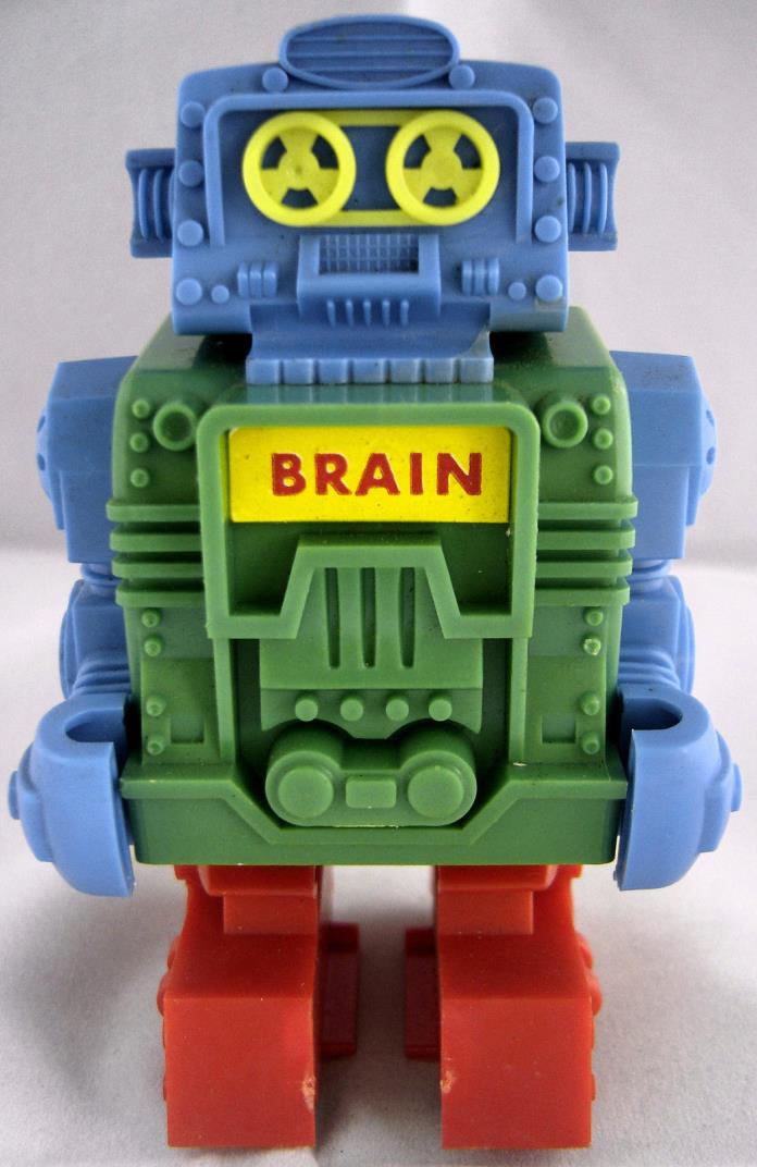 1970 Brain Robot Ding A Ling Topper Plastic Hong Kong Moving Wheels Arms Skyway