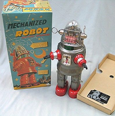 Vintage Battery Operated Robbie Robot Gray with Box by Osaka Tin Toy Institute