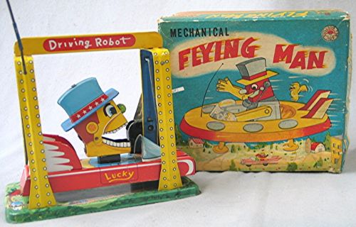 Vintage Tin Wind Up -- Mechanical Flying Man - Driving Robot -- with the Box
