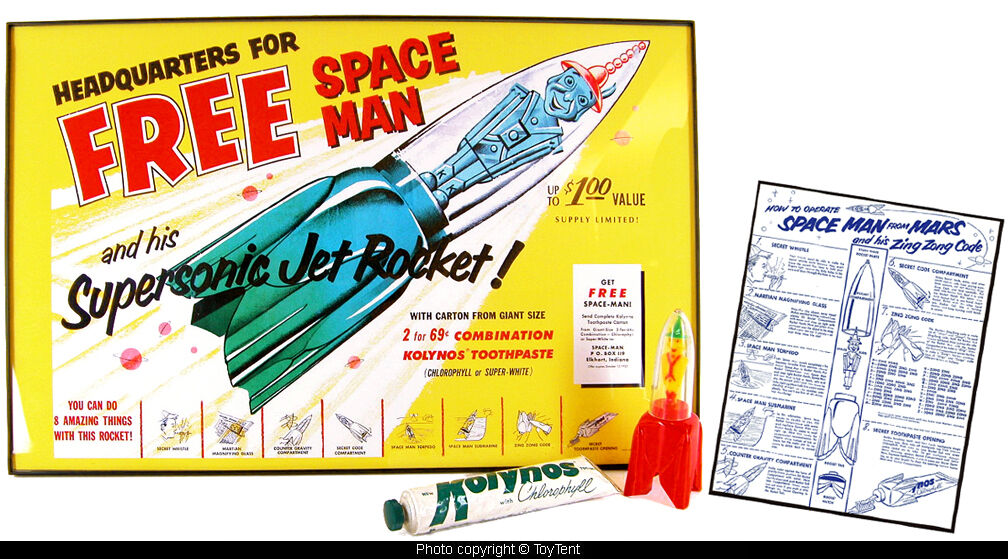 Kolynos toothpaste PREMIUM Man from Mars rocket whistle + instructions & poster
