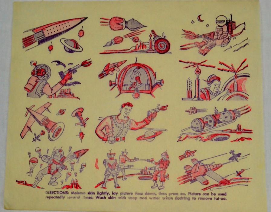 Rare 1950's Temporary Tattoo Sheet - All Space and Robot Themed Tattoos