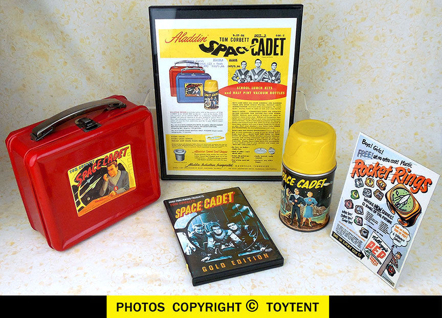Tom Corbett Aladdin lunchbox & thermos + PEP rings + badge patch knife ... more!