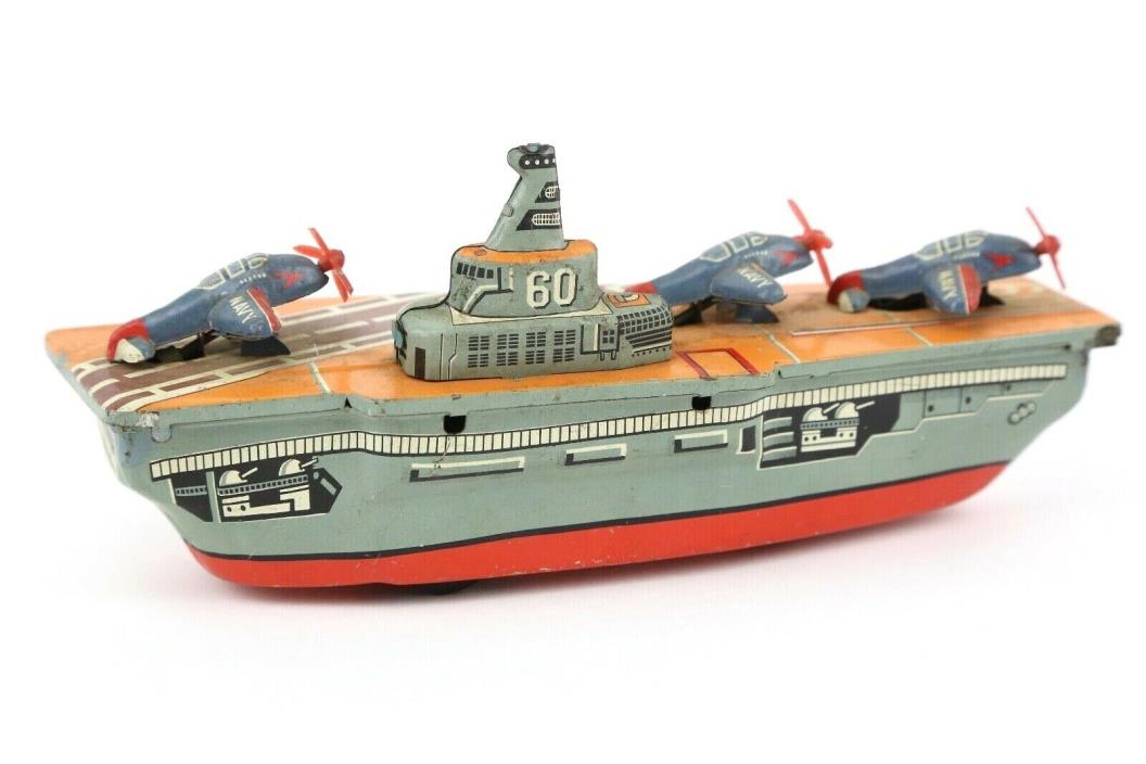 Rare 1950s Tin Friction Toy Navy Ship Airplanes WWII Pearl Harbor Vintage Japan
