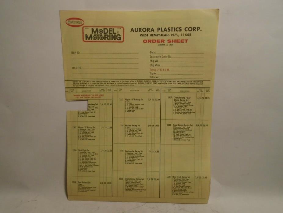 ORIGINAL 1968 AURORA ORDER SHEET FOR HO SCALE SLOT CAR SETS & ASC. MINT