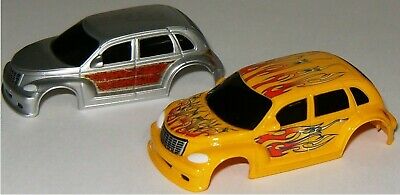 AFX Racemaster HO Slot Car PT Cruiser (2) Bodies SRT Chassis Silver Yellow Flame