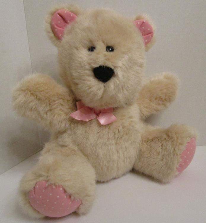 Vtg Tan Baby Teddy Bear Pink Dot Dakin 1991 Sitting Plush Stuffed 12