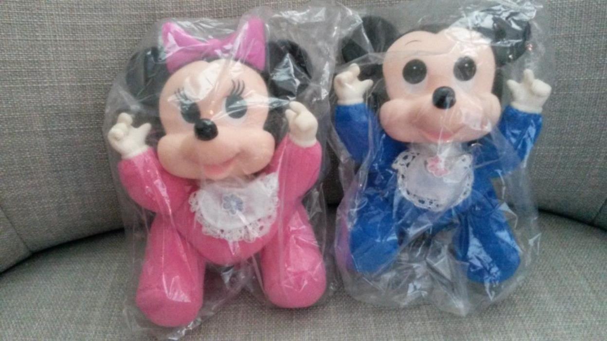 Pair NIP Vintage Applause Mickey Minnie Mouse Baby Toys Plush Disney pink blue