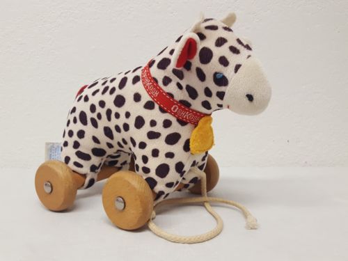 Vintage Cow Pull Toy Wooden Wheels Plush Spotted Red Logo Collar Osh Kosh B'Gosh
