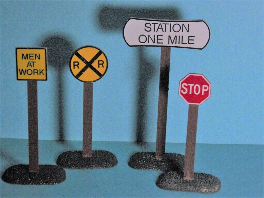 G Scale Life Like 4 Railroad Signs, Station One Mile, Stop, RR, Men at Work