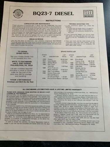 BACHMANN HO-Scale BQ23-7 Diesel INSTRUCTION SHEET ONLY