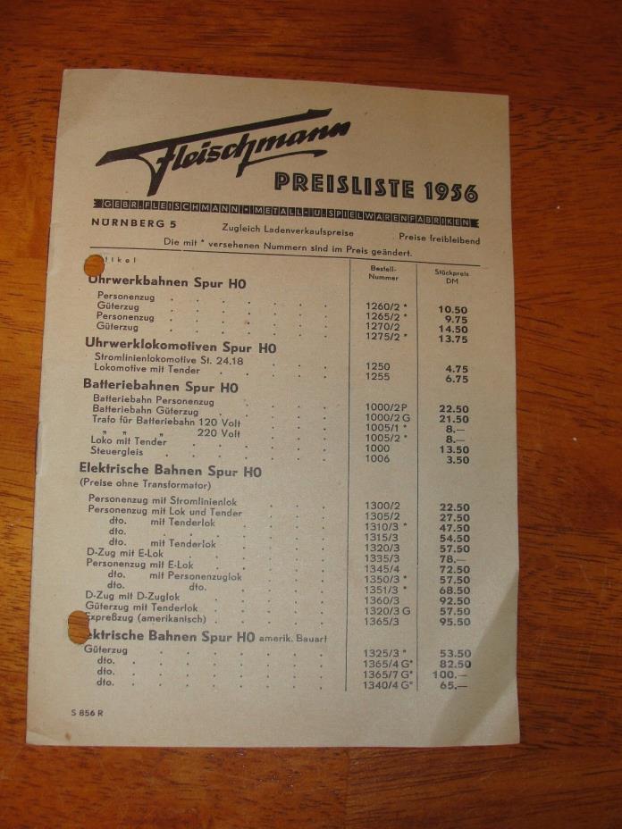 P995 Model Train HO FLEISCHMANN Preisliste 1956 - Railroad Manual