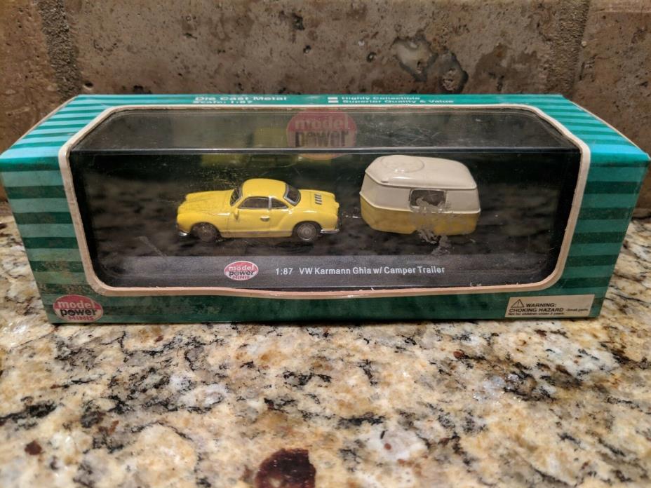 Model Power HO Karmann Ghia Yellow with Trailer Yellow and White 1:87 scale