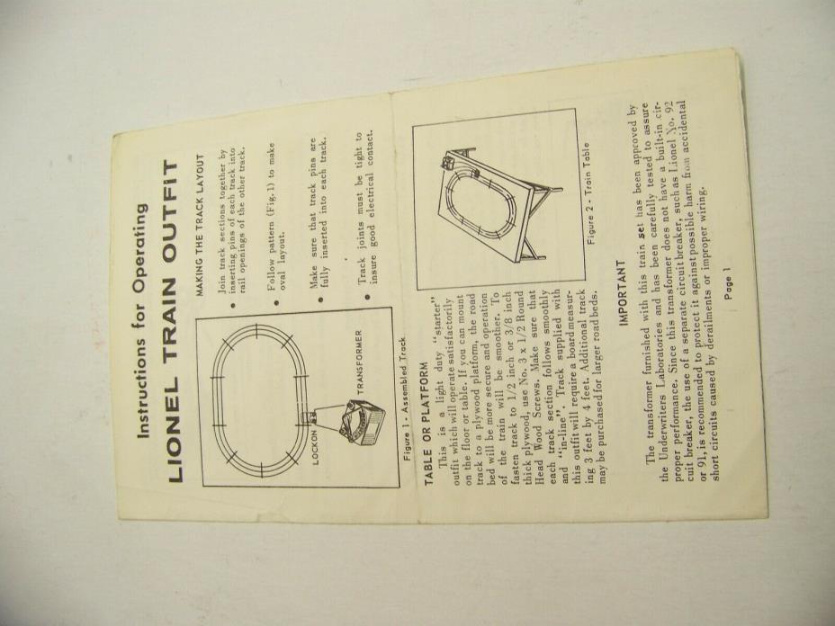 Lionel toy train original paper instruction sheet 1109-10 3-60 set outfit